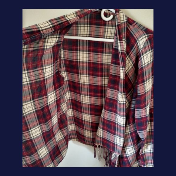 Plaid Open Front Fringe Cardigan- Sz Small - Picture 3 of 3